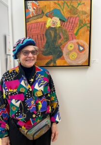 At Fiddleheads reception, Deerfield Valley Art Association, Northfield, MA, 2025 — Painting is "Waiting"